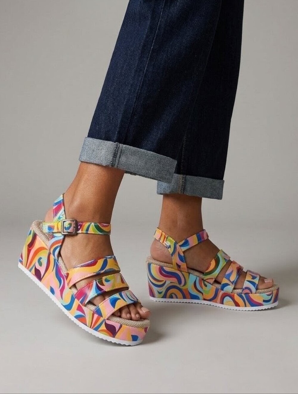 Colorful Swirl Print Platform Wedge Sandals Groovy 70s Psychedelic Strappy EU 37